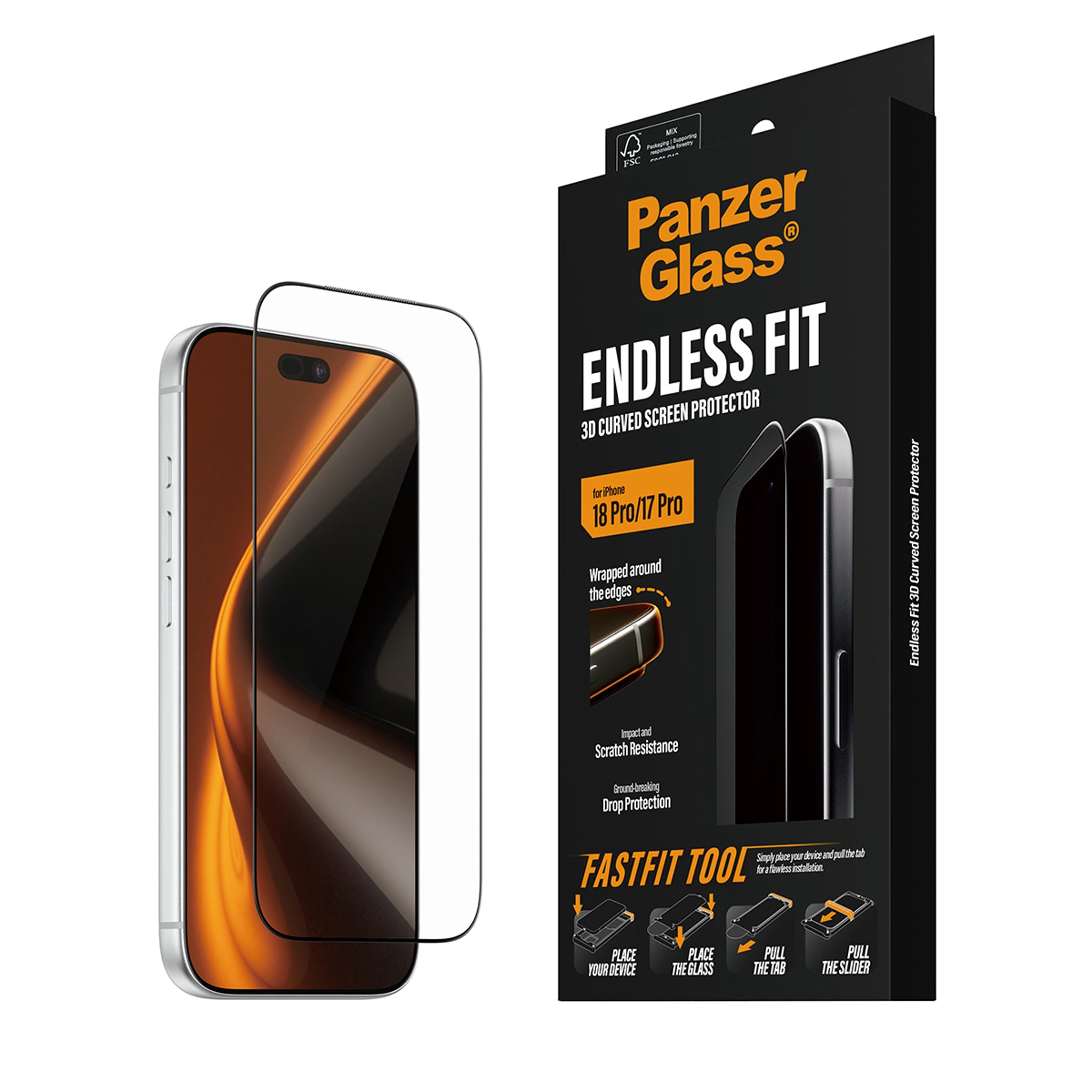 PanzerGlass® Endless Fit 3D Curve Skærmbeskyttelse iPhone 18 Pro | 17 Pro m. FastFit Tool